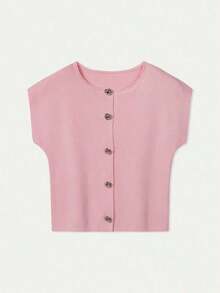 Camiseta sin mangas de punto para mujer, nueva colección primavera/verano, de estilo minimalista y elegante, con cuello redondo, diseño sin mangas, decoración con botón con forma de corazón, top corto y ajustado en color rosa, adecuado para uso casual, trabajo, viajes, citas, ceremonias de graduación y fiestas - Rosa - Ver 6