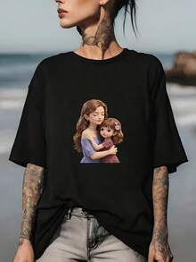 Camiseta de 200g suave y cómoda con estampado de amor madre-hija - adecuada para reuniones familiares, regalos del Día de la Madre y actividades casuales de team building en la empresa. Camiseta de manga corta cómoda y versátil. - Negro - Ver 1