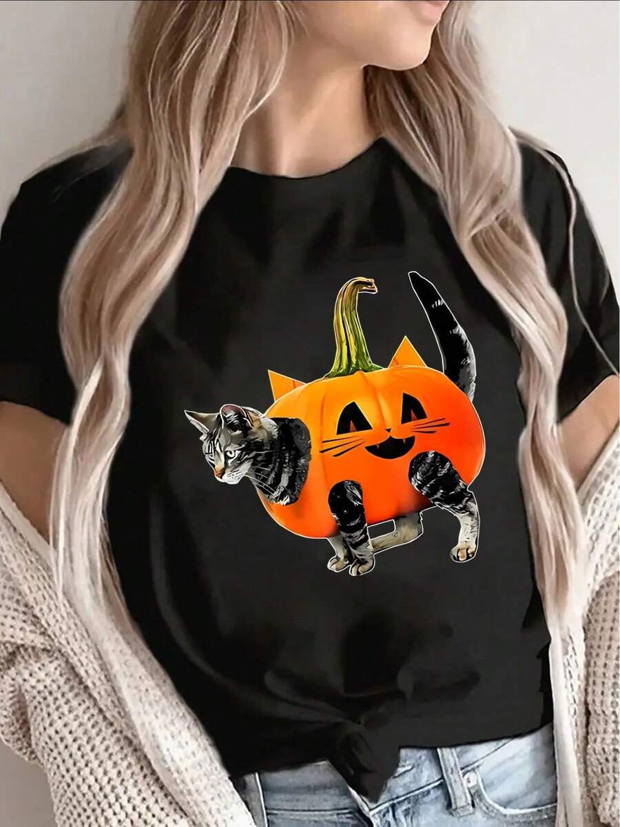 Camiseta negra de manga corta, ligera y duradera, con un diseño de gato calabaza de Halloween, perfecta para uso casual en casa o como atuendo de fiesta, ofreciendo un ajuste cómodo para adultos. - Negro - Ver 1