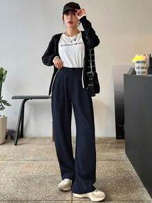 Pantalones rectos plisados de unicolor para mujer, pantalones de vestir casuales de otoño - Azul marino - Ver 5