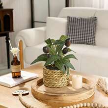 Handwoven Basket With Artificial Olive Tree Mini Potted Plant, Boho Farmhouse Style Decor, Suitable For Desk, Home Office, Kitchen - C - View 6
