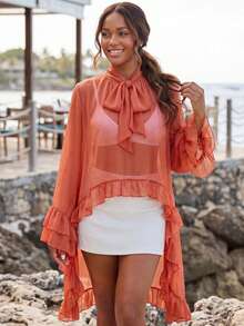 Women's Ruffled Tops Bow Tie Design Stylish Solid See Through Loose Fit V Neck Long Sleeve Blouses Perfect For Summer - Orange-red - View 3