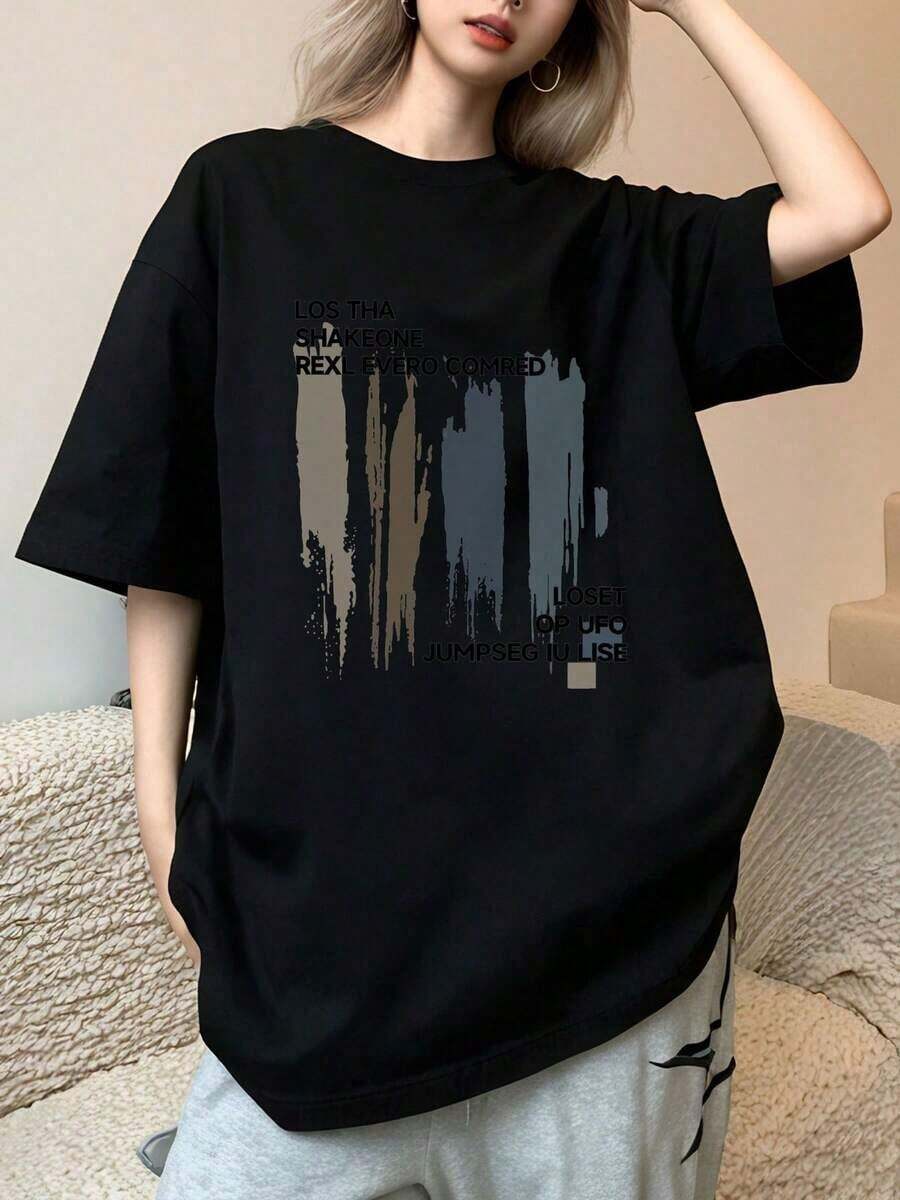 Camiseta casual de diseño abstracto moderno - Estilo cómodo y suelto - Material transpirable y ligero - Ideal para mujeres jóvenes y moda urbana - Disponible en talla única, color negro - Ropa de moda para el día a día. - Negro - Ver 1