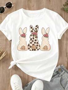 Camiseta Casual de Mujer con Diseño de Huevo de Chocolate de Conejo de Pascua, Corona Floral y Estampado de Leopardo, Top de Temporada de Primavera para Celebración de Pascua - Estilo Urbano Vintage, Unisex, de Algodón 100%, Manga Corta, Cuello Redondo, Corte Holgado. - Blanco - Ver 4
