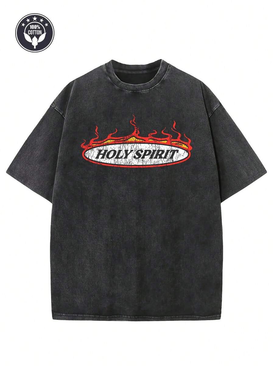 Camiseta Vintage con Estampado Creativo "Espíritu Santo" para Hombre y Mujer, Algodón Puro de 250g, Camiseta Lavada, Camiseta de Hombros Caídos, Camiseta Vintage Urbana para Hombre, Camiseta Básica, Camiseta Holgada Unisex Estilo Hip-Hop, Camiseta Vintage Lavada. - Negro - Ver 1