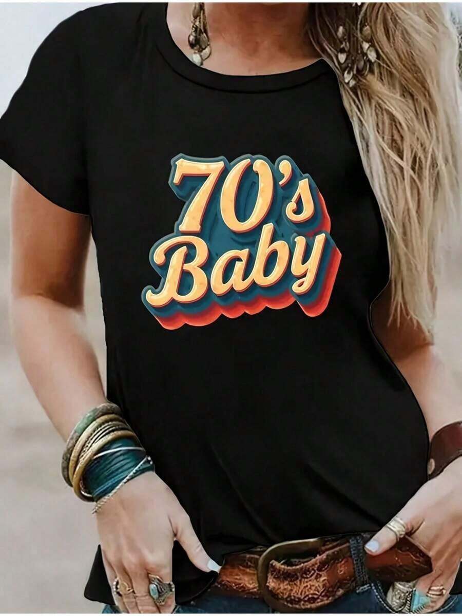 Camiseta única y retro con diseño colorido 70s Baby perfecta para amantes de la moda y la cultura Y2K ideal para cualquier ocasión y resaltar tu estilo personal siente la vibra vintage y atrévete a marcar con esta prenda exclusiva - Negro - Ver 1