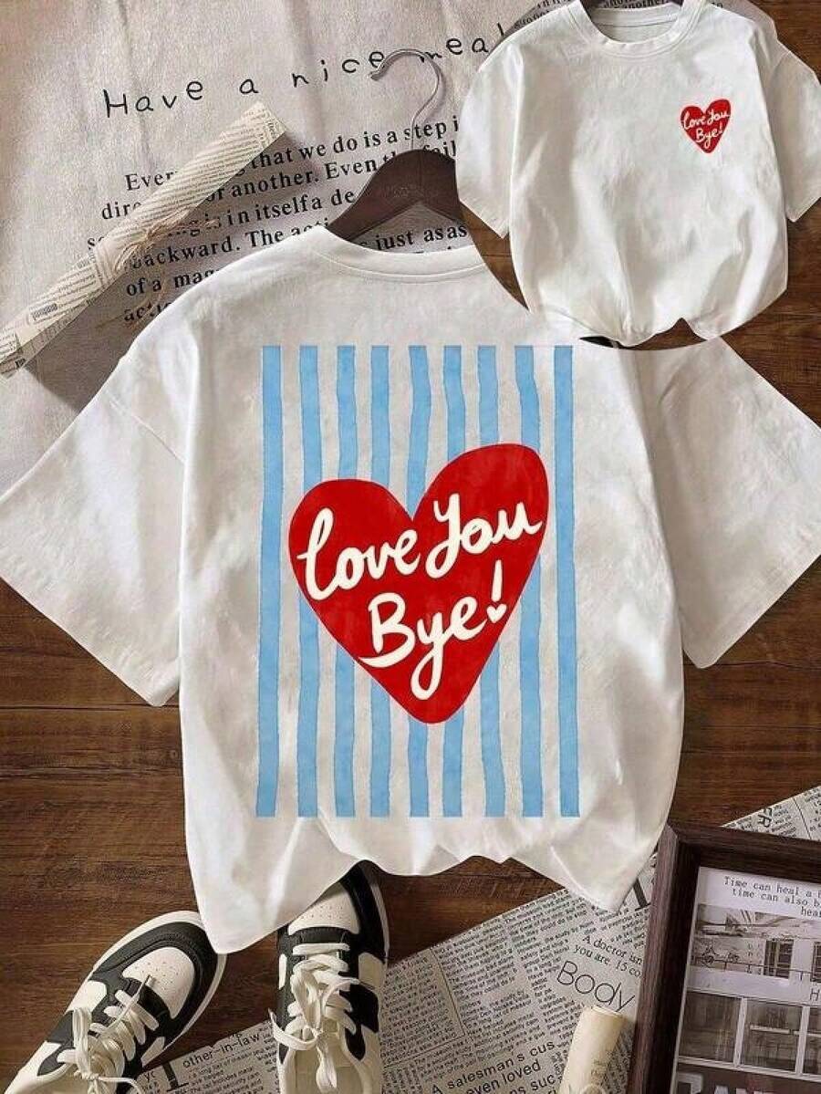 [100% Algodón] Estampado "Love You Bye", Diseño Retro de Corazones y Rayas, Camiseta Gráfica de Verano para Mujer, Estilo Vintage Urbano, Camiseta Unisex de Algodón de Manga Corta y Cuello Redondo, Ropa de Vacaciones para Mujer - Negro - Ver 1