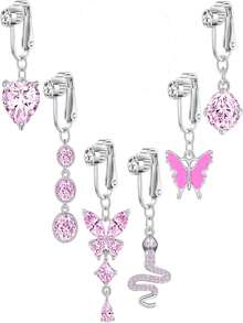 6Pcs Dangle Clip On Fake Belly Ring Set, Silver Tone Non Piercing CZ Opal Butterfly Heart Star Snake Faux Navel Rings For Women Daily Jewelry - Pink - View 12