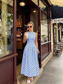 2026 Nuevo vestido azul de primavera/verano para mujer, de estilo casual y elegante para vacaciones, con cuello cuadrado sin mangas, ajustado a la cintura y corte evasé, con estampado de lunares, adecuado para festival de música, estilo callejero, fiesta, cumpleaños, vacaciones y ocasiones formales - Marrón - Ver 8