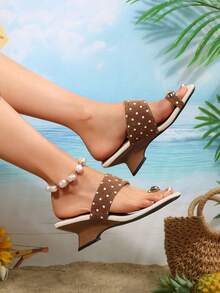 Giày sandal cao gót nữ, sandal đế bệt chấm bi tròn, giày thời trang thường ngày đa năng. - màu nâu - Xem 7