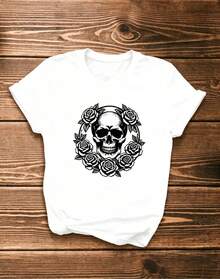 Camiseta de mujer 3 piezas/set de camisetas de manga suitable for streetwear, Top oversized cuello redondo daily outings, camping, concerts, hip-hop, rock, and rap events de camiseta casual manga corta para mujer, camiseta con estampado de calaveras y corona de rosas, camiseta de mujer de manga corta con cuello redondo, top deportivo casual transpirable de algodón puro, regalo para vacaciones, mariposa de primavera, Pascua. - Blanco - Ver 2