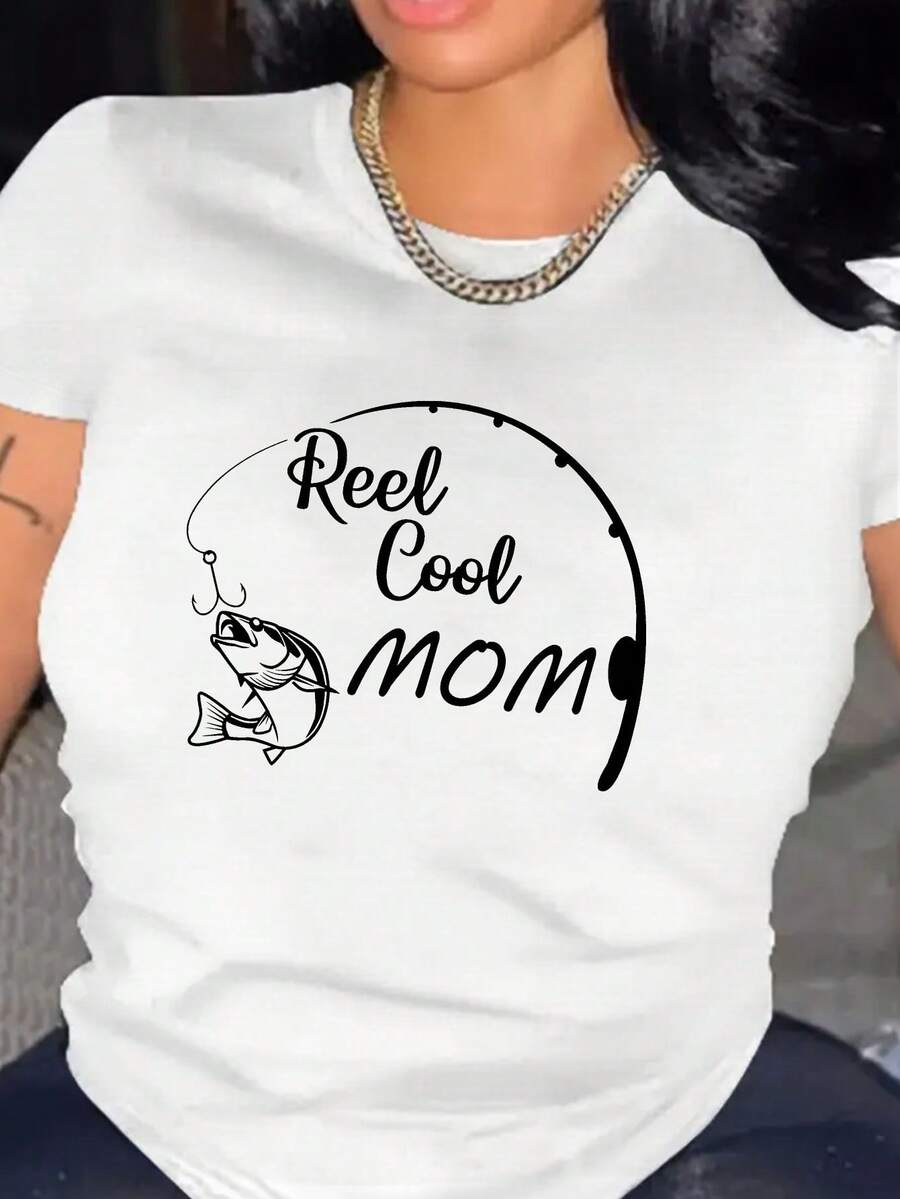Playeras de Mujer de Algodón Oversize Moda 2026 con Estampado Fishing Mom, Camiseta de Cuello Redondo, Top Casual de Manga Corta para Primavera y Verano, Ropa de Mujer, Top de Manga Corta Cómodo, Suave y Sencillo para Uso Diario. - Blanco - Ver 1