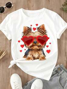 Camiseta Casual para Mujer con Estampado de Perro Yorkie con Gafas de Sol en Forma de Corazón y Corazones para el Día de San Valentín y Uso Diario - Blanco - Ver 2