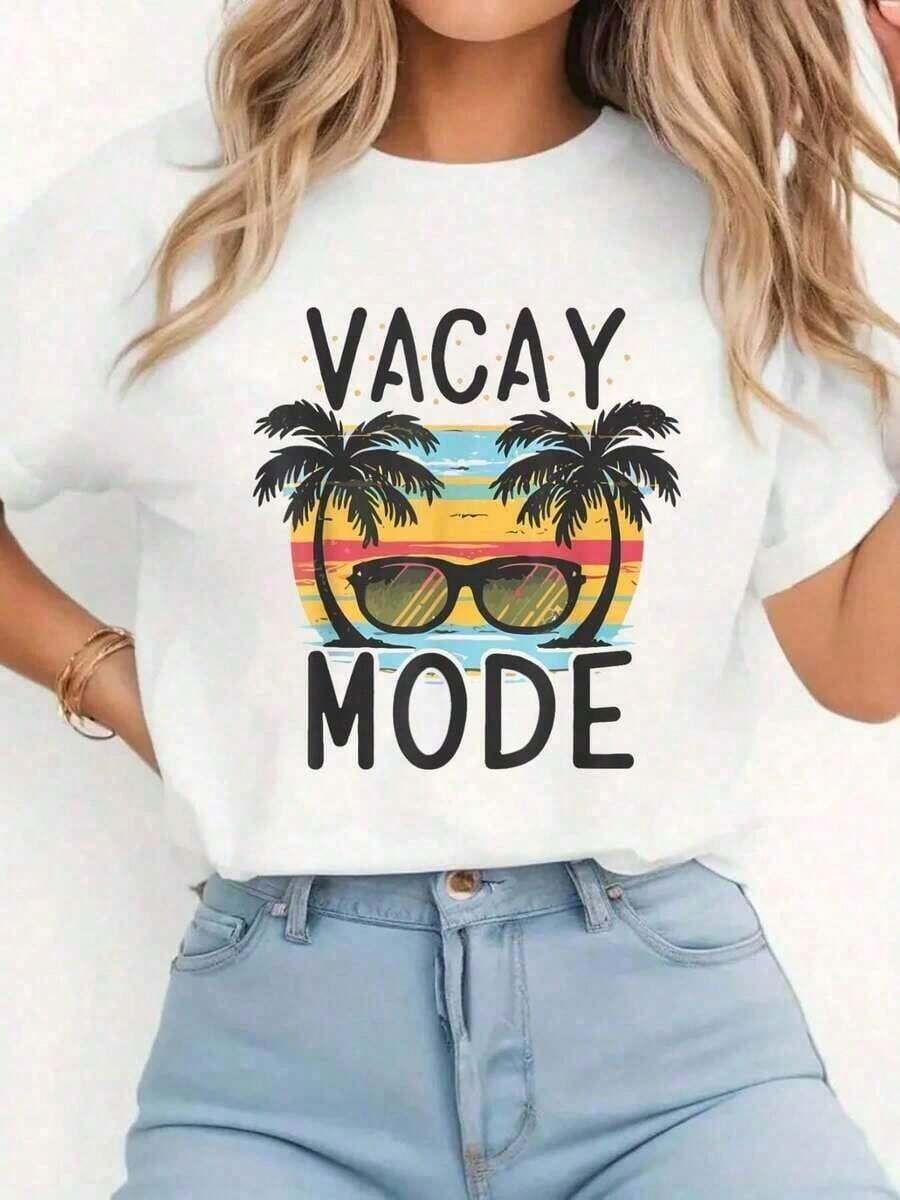 Comfortable100% cotton Camiseta con Estampado "Vacay Mode" para Vacaciones de Verano, Camiseta Casual de Cuello Redondo y Manga Corta, Cómoda para Primavera y Verano, Ropa de MujerFashion All-match Women's Short Sleeve T-shirt, Basic Style for Inner & Outer Wear - Blanco - Ver 1