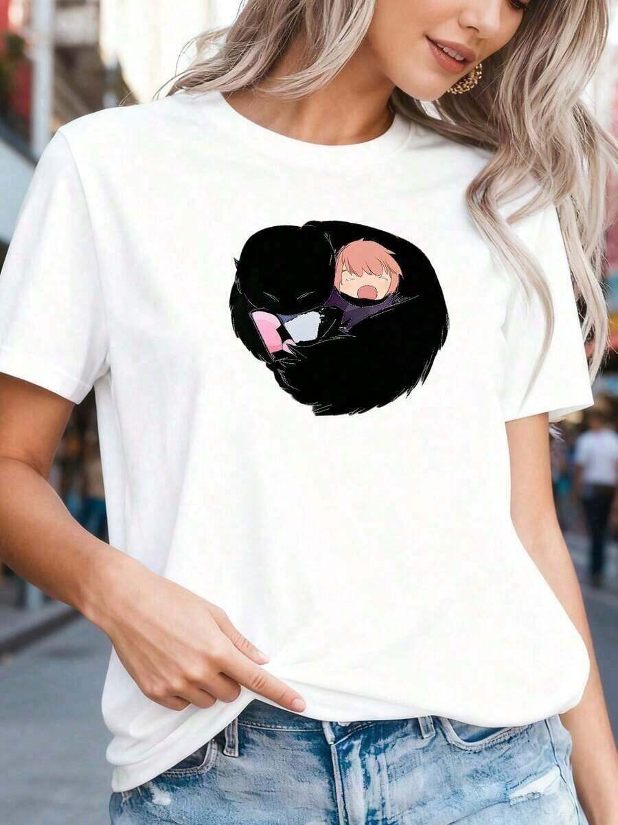Camiseta con estampado gráfico de dibujos animados, estilo anime japonés Harajuku, camiseta de moda casual de manga corta, talla grande para mujer - 100% algodón.Adecuada para un uso casual versátil en primavera, verano y otoño. |   Diseño exquisito |   Suelto y cómodo |   Fácil de combinar | - Blanco 2 - Ver 1