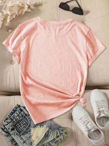 [New Fashion] Women's Summer Clothes, Short Sleeve T-Shirt With Round Neck And Cartoon Animal Tail Print, Casual Sporty Style, Lightweight, Comfortable, Soft, Fashionable, Adorable Pet Style, Versatile For All Seasons, Suitable For Daily Wear 9WVS - 粉色 - 查看 2