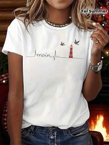 Camiseta con Estampado Romántico de Faro y Latidos del Corazón del Mar, Manga Corta, Cuello Redondo, Estilo Casual, Ropa de Mujer para Primavera/Verano - Blanco - Ver 1