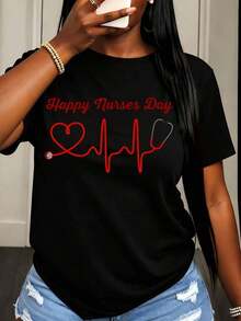 Women's T-Shirt With Stethoscope And Heartbeat Print For Nurses Day, Casual Summer Clothing For Women - 黑色 - 查看 1