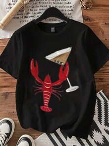 1 camiseta blanca con estampado de langosta y cóctel, ropa casual de verano, 180g 100% algodón. - Negro - Ver 3