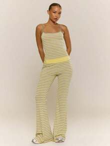 Conjunto de top de tirantes a rayas y pantalón acampanado con doblez, coordinado en color amarillo para primavera y verano, vacaciones, uso casual y diario, estilo lindo y de Y2K - Multicolor - Ver 2