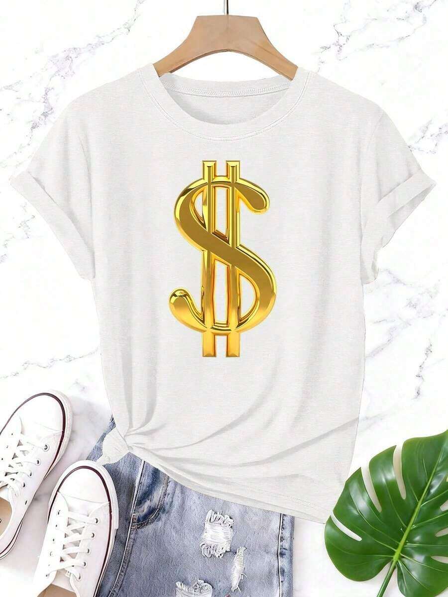 Camiseta con estampado del símbolo del dólar dorado en 3D, logotipo de dinero y riqueza, de manga corta y cuello redondo, estilo casual, adecuada para primavera y verano, ropa de mujer. - Blanco - Ver 1