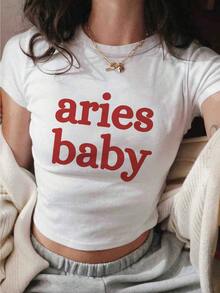 Camiseta de mujer con estampado de bebé Aries, cuello redondo regular, blanca, ligera, con estampado de fantasía informal para primavera/verano, camiseta corta de manga corta con cuello redondo y corte ajustado estilo Y2K para mujer, ideal para fiestas. - Blanco - Ver 1