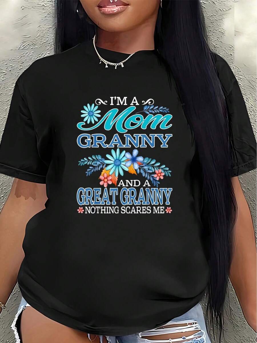 Camiseta de manga corta para mujer, con el diseño "Soy madre, abuela y abuelena" - un diseño que no me asusta, perfecta para el hogar, la cocina o salidas informales, duradera y ligera, con estampado floral, blusa casual mujer. - Negro - Ver 1