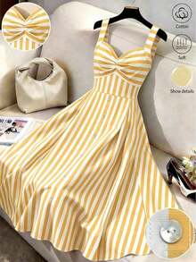 Vestido casual de línea A de longitud media con cuello en V a rayas y decoración de remaches para mujer - Amarillo claro - Ver 1