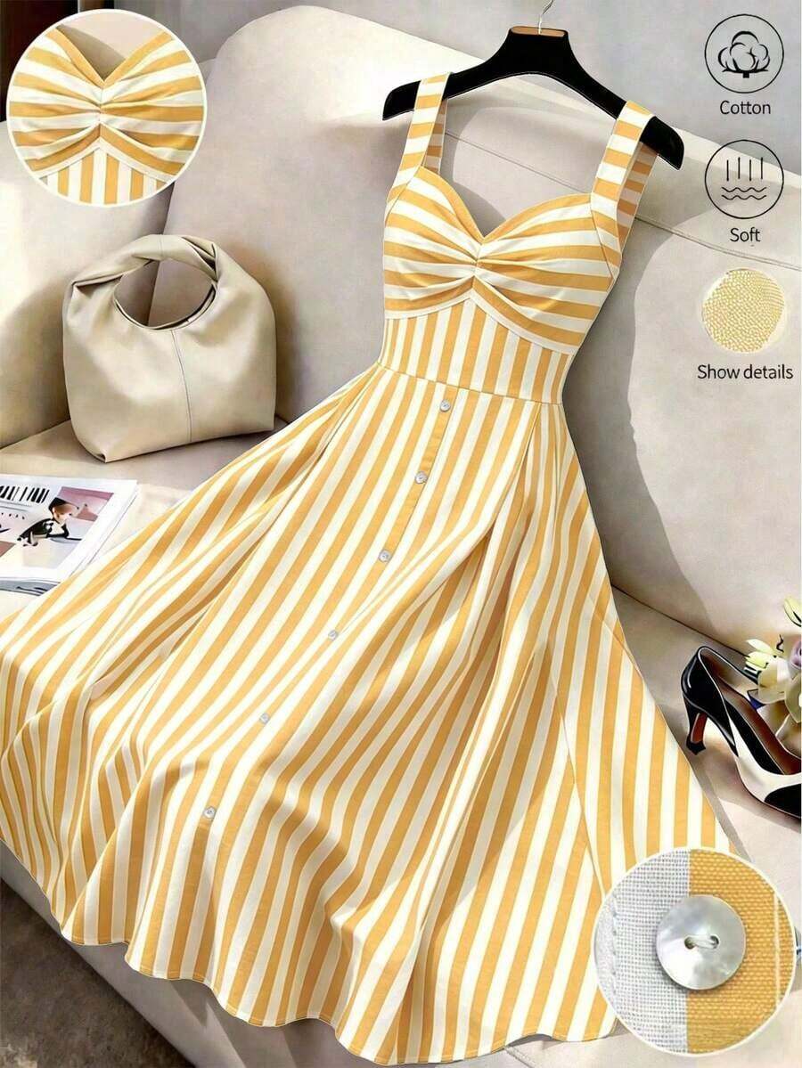 Vestido casual de línea A de longitud media con cuello en V a rayas y decoración de remaches para mujer - Amarillo claro - Ver 1