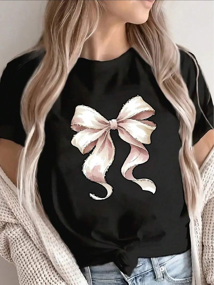 1 camiseta de manga corta negra, ligera y duradera, con un diseño de lazo rosa, perfecta para descansar en casa, salir a comer o realizar actividades al aire libre. Hecha de tela suave y cómoda, adecuada para el uso diario. 100% algodón, 180g. - Negro - Ver 1