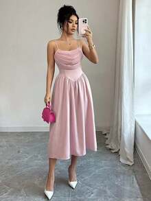 Nuevo vestido de fiesta elegante y romántico de longitud media para mujer, con cuello drapeado, sin mangas y cintura ceñida - Rosa vieja - Ver 6