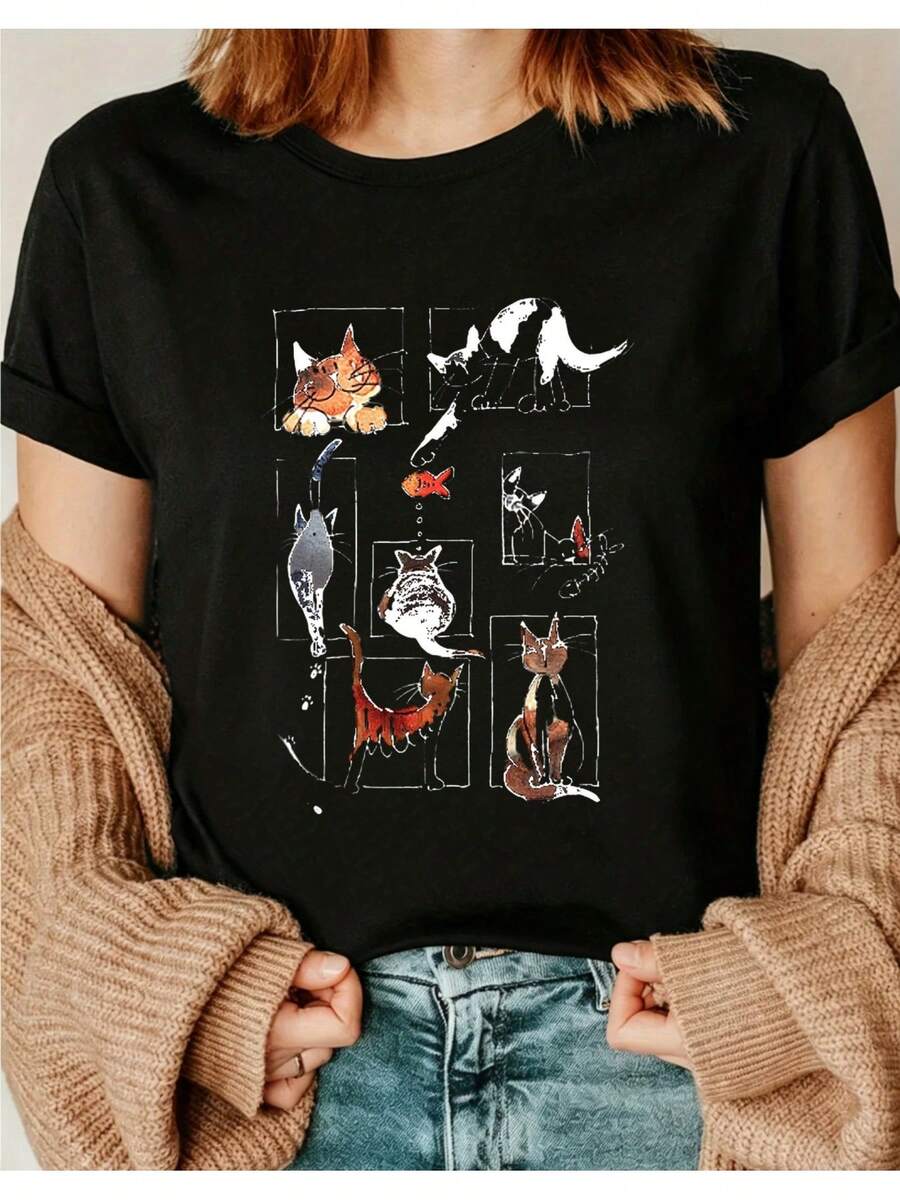 Camiseta de mujer, camiseta de manga corta de talla grande para mujer, con un estampado de varios gatos dibujados a mano en poses divertidas, una pieza llamativa, ropa casual, cuello redondo, tela ligeramente elástica, top de manga corta con cuello redondo Reguli01, adecuada para todas las estaciones, casual y versátil. - Negro - Ver 1