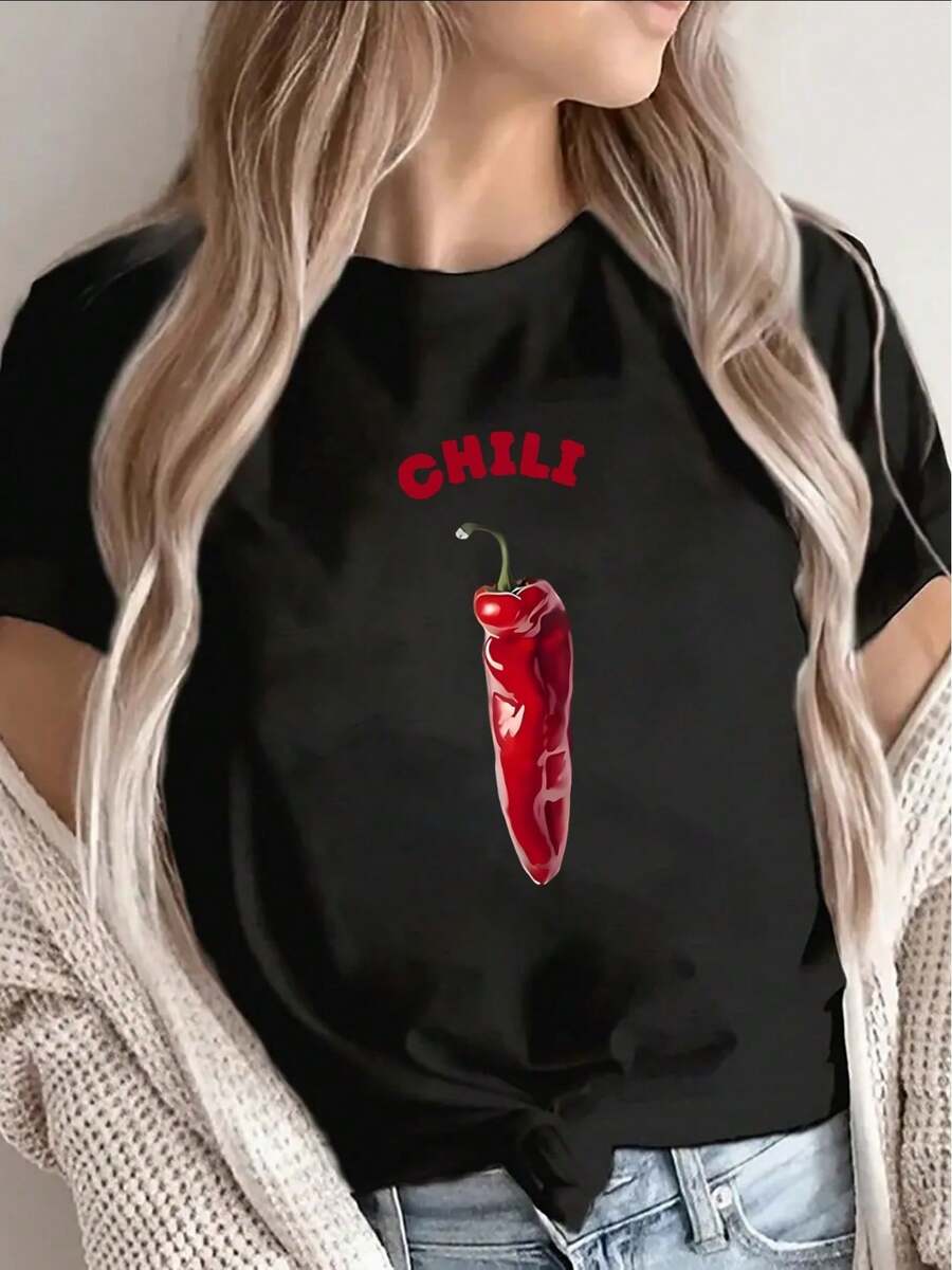 Black Polyester Short-Sleeved T-Shirt, Decorated With A Chili Print, Is Lightweight And Durable For Casual Wear, Suitable For Both Restaurants And Home, Available In Red And White, With A Comfortable Fit. - 黑色 - 查看 1