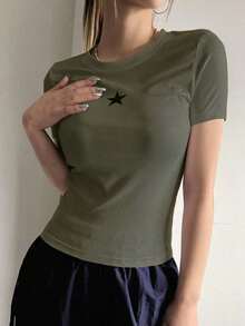 Camiseta de mujer con estampado de estrella de manga corta estilo Y2K - Verde militar - Ver 5