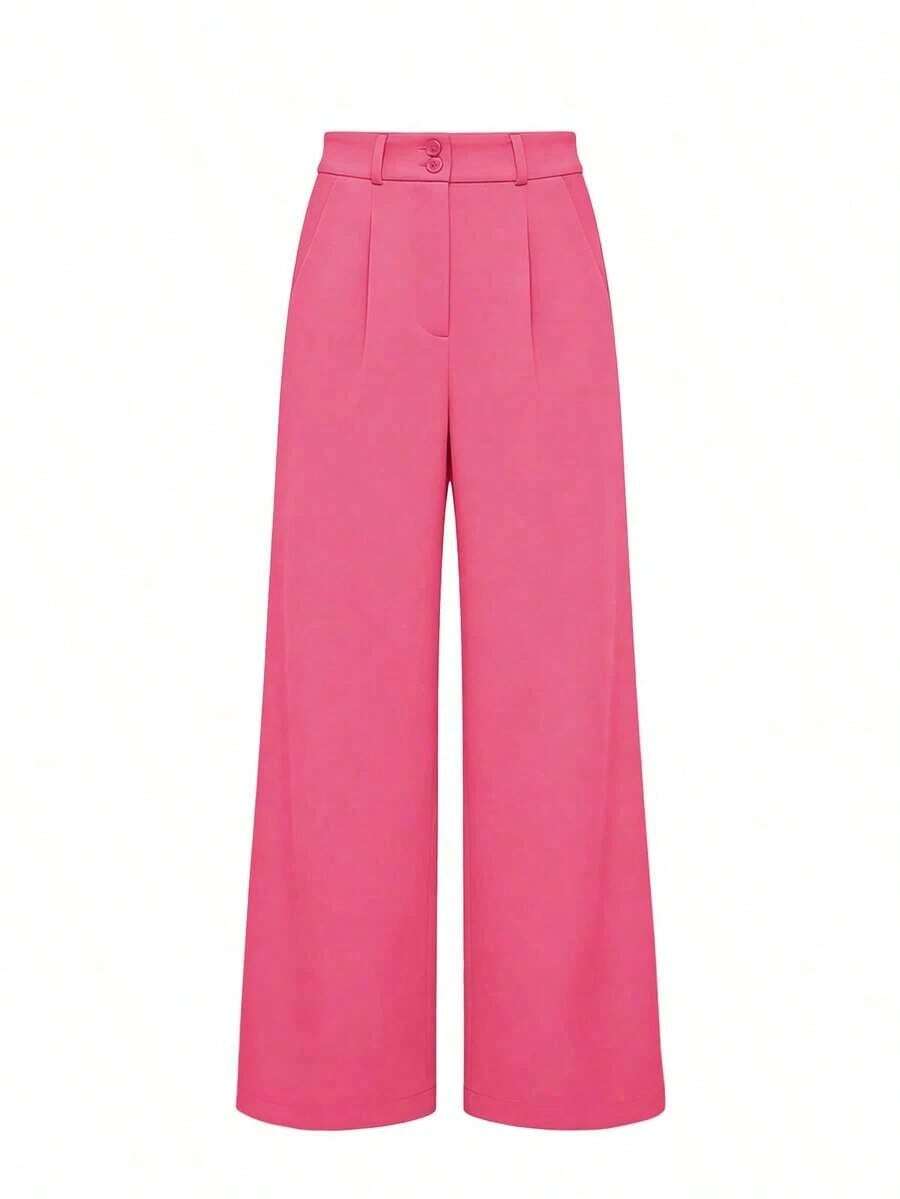 Pantalones Con Pierna Ancha Y Pliegues En Color Sólido Con Bolsillos Diagonales - Rosa 2 - Ver 1
