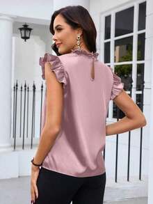 Blusa de satén de unicolor con mangas de tapa para uso diario, blusas sin mangas - Rosa vieja - Ver 2