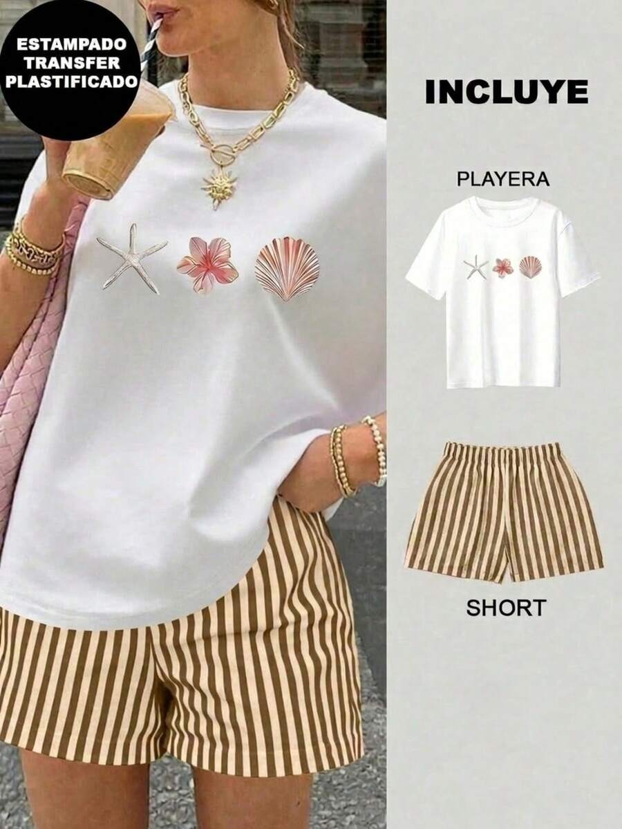 Conjunto de dos piezas, playera y short, playera estampada con diseño, short corto de rayas para mujer, adecuado para vacaciones, playa, verano, viaje para temporada de calor - 2 Playera Blanca con elementos de mar con Short Rayas Café con Beige - Ver 1