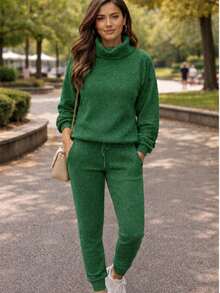 Set Of Pants And Turtleneck Sweater In Mousse Knit Fabric. - Green With a Handle - View 1