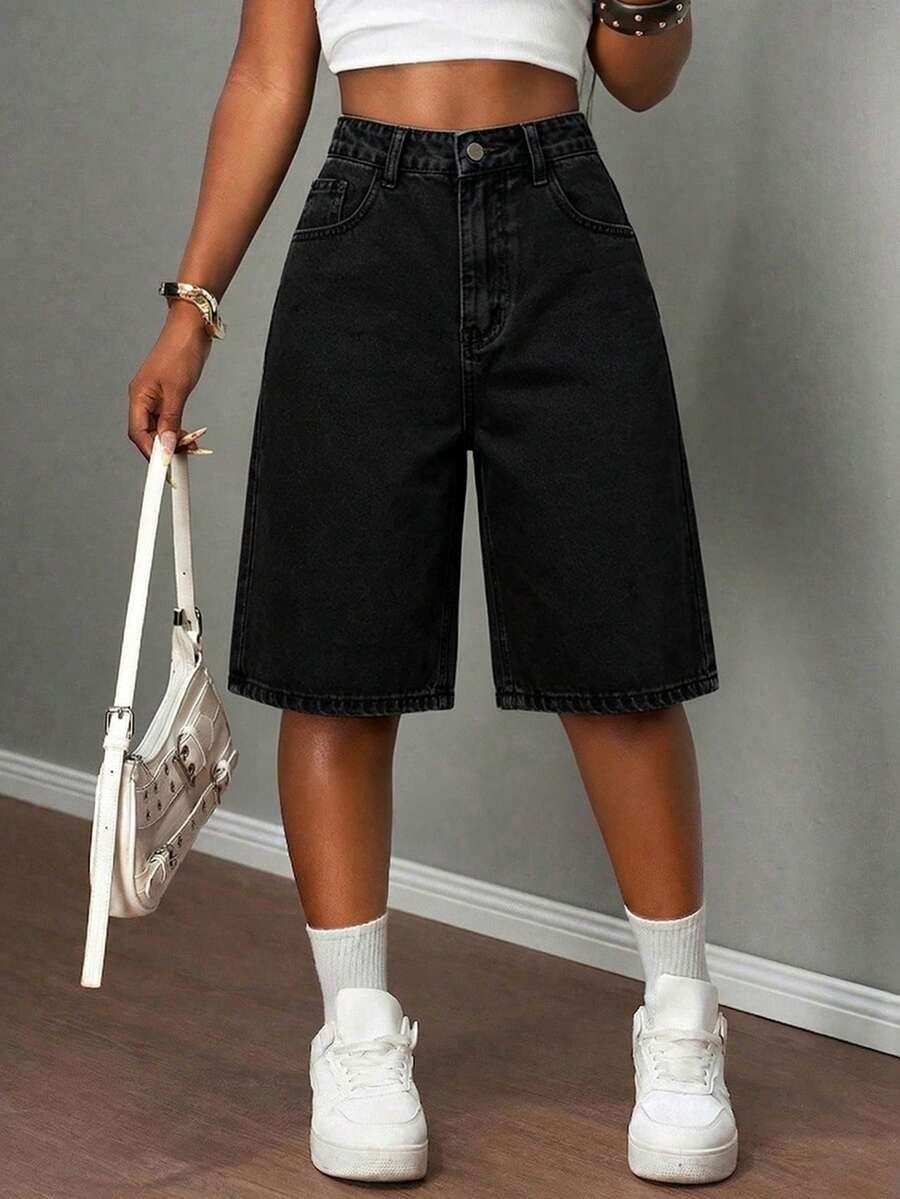 Women's Solid Color Denim Bermuda Shorts Casual
