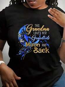 Camiseta Casual: Esta abuela ama a sus nietos hasta la luna y de vuelta, Camiseta con Mandala de Fases Lunares, Cuello Redondo Casual, Manga Corta, Top para Mujer, Ropa de Primavera Verano, Vacaciones de Verano, 100% Algodón, Duradera - Negro - Ver 1