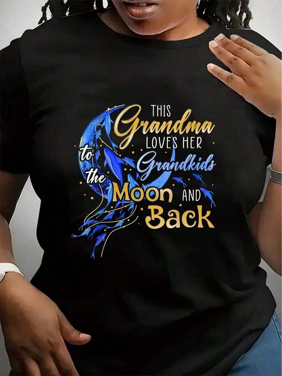 Camiseta Casual: Esta abuela ama a sus nietos hasta la luna y de vuelta, Camiseta con Mandala de Fases Lunares, Cuello Redondo Casual, Manga Corta, Top para Mujer, Ropa de Primavera Verano, Vacaciones de Verano, 100% Algodón, Duradera - Negro - Ver 1