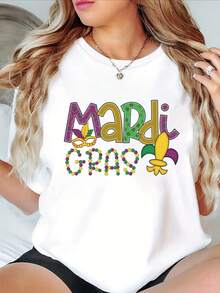 Talla - Camiseta de de Carnaval de Mardi Gras para Mujer - Camiseta elástica conáscara de Mardi Gras y flores - Fondo negro, morado, amarillo, verde, rosa, dorado - Ropa festiva, top casual de verano - Camiseta unisex de algodón holgada de manga corta y cuello redondo estilo vintage urbano - Blanco - Ver 1