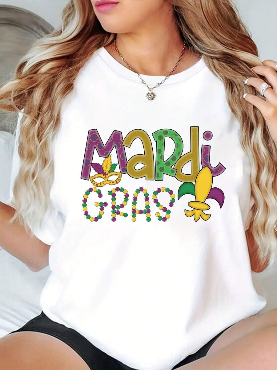 Talla - Camiseta de de Carnaval de Mardi Gras para Mujer - Camiseta elástica conáscara de Mardi Gras y flores - Fondo negro, morado, amarillo, verde, rosa, dorado - Ropa festiva, top casual de verano - Camiseta unisex de algodón holgada de manga corta y cuello redondo estilo vintage urbano - Blanco - Ver 1