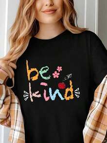 Camiseta CasualBe Kind de cuello redondo clásico y manga corta, adecuada para primavera y verano, ideal para actividades casuales y uso diario, a la moda para mujeres. - Negro - Ver 7