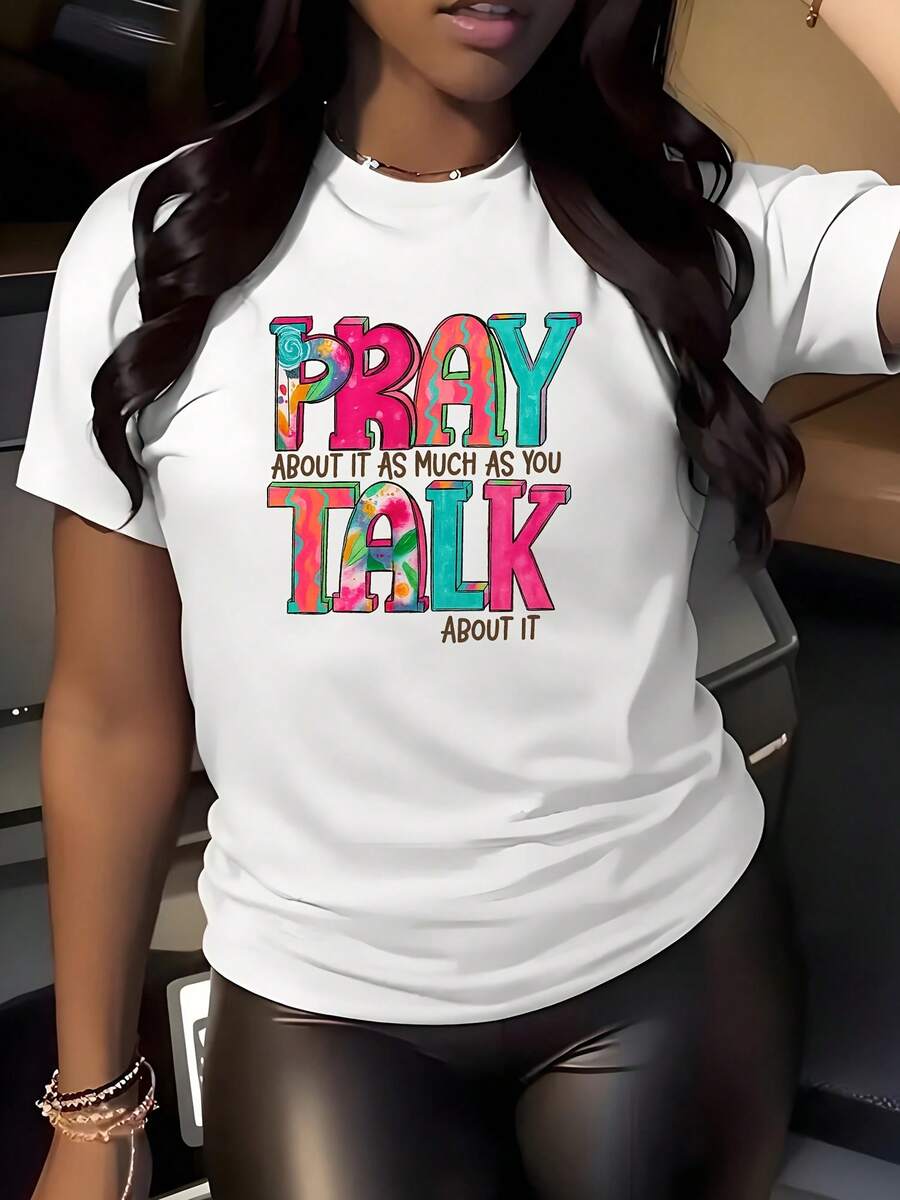 Soft, Breathable, And Lightweight For All-Day Comfort. This Women's Casual Short-Sleeve T-Shirt Features Vibrant Printed Designs, Including Prayer Phrases And Words. Made From Soft, Stretchy Fabric, It Has A Crew Neck, Is Machine Washable, And Is Suitable For All Seasons, Especially Summer. The Classic, Modern Crew Neck And Relaxed Fit Flatter All Body Types And Are Easy To Pair With Jeans, Shorts, And Leggings. - 白色 - 查看 1