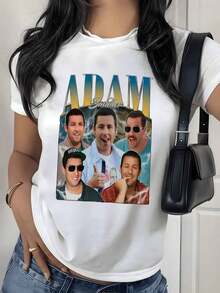 Camiseta con Estampado Gráfico de Collage de Retratos Retro, 180g, 1 Pieza, Cultura Pop, Camiseta Casual para Mujer, 100% Algodón, Estilo Vintage Streetwear - Blanco - Ver 1