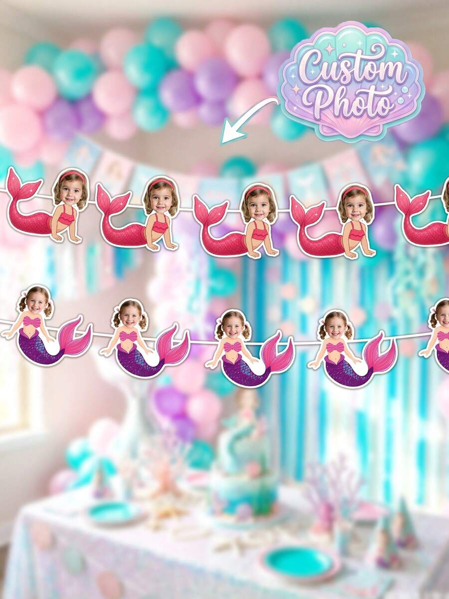 2/4/6pcs Custom Photo Mermaid Face Bunting Banner, Under The Sea Themed Garland, Girls Birthday Party Decor, Photo Booth Prop, Underwater Scene Happy Birthday Party Decor, Background Wall Hanging Banner - Multicolor - View 1