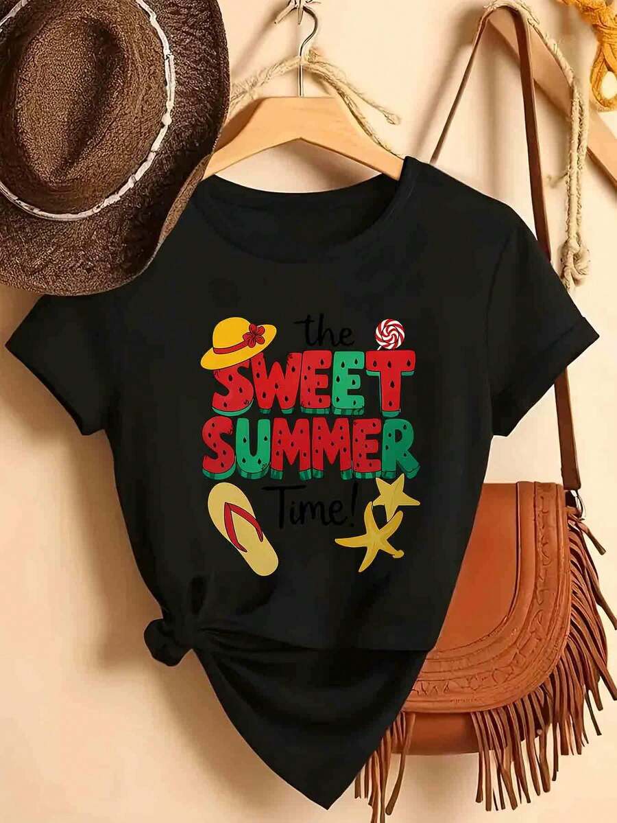 Camiseta de mujer 1 pieza, estampado de moda, estampado de letras de sandía dulce, estilo dulce de verano, corte holgado informal, lavable a máquina, adecuada para deportes y uso diario, camiseta casual de manga corta con cuello redondo. - Negro - Ver 1