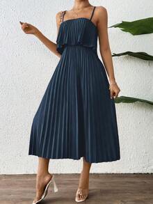 Vestido de unicolor tejido con pliegues sin mangas. Vestidos con pliegues para mujeres. Vestidos elegantes clásicos para mujer. Vestimenta formal de verano. Vestidos elegantes de alta calidad para mujeres. - Azul marino - Ver 5