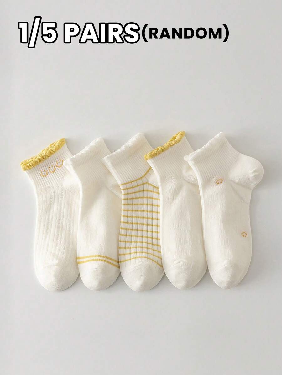 1/5 Đôi tất nữ, màu trắng, ngẫu nhiên, tất mỏng viền nhún họa tiết mặt cười kẻ sọc, tất ngắn dễ thương tối giản, đa năng, mềm mại, thoáng khí, thích hợp mặc thường ngày. - trắng - Xem 1
